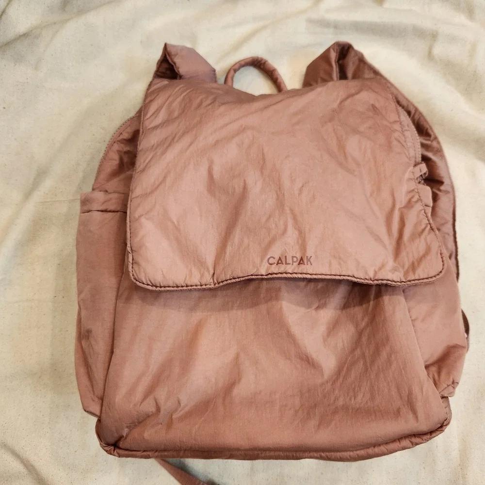 Calpak Puffer Backpack Mauve Rose Quilted Nylon Travel Laptop Bag Pass Through